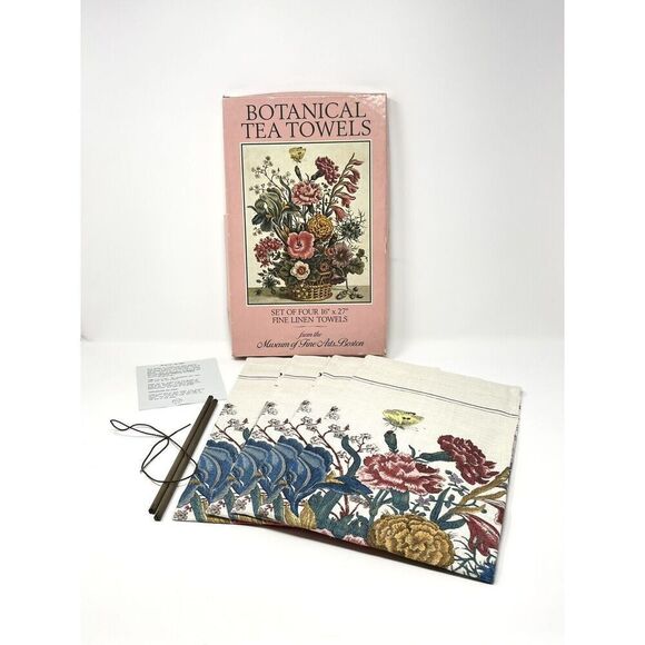 NOS Vintage Botanical Tea Towels MFA Museum Of Fine Arts Boston Linen Floral - Picture 1 of 5